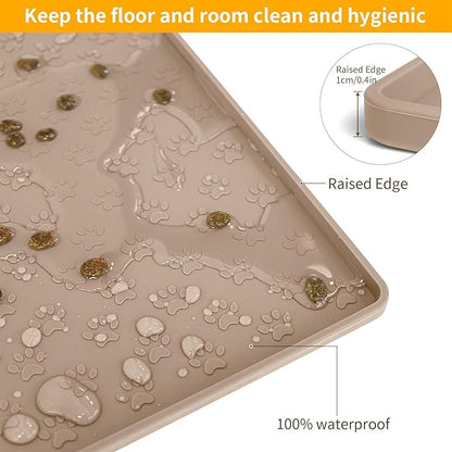 Ptlom Dog Food Mat Waterproof Pet Bowl Mats with High Lips, Non-Slip Dog Placemat Prevent Messy Spills to Floor, Silicone Puppy Feeding Tray for Small, Medium Large Dogs Cats, Taupe, 24.5" 16.5"
