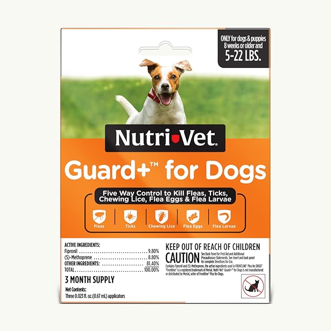 Nutri-Vet Guard+ for Dogs, Flea and Tick Prevention Spot On Drops, Topical Treatment for Dogs 5-22 lbs, Puppy Essentials, Waterproof Formula, 3 Monthly Doses, 90 Days of Protection