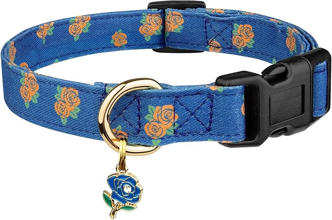 Cotton Handmade Dog Collar Cute and Distinctive Patterns Blue Rose with Pendant for Girl Boy Dogs Collars L