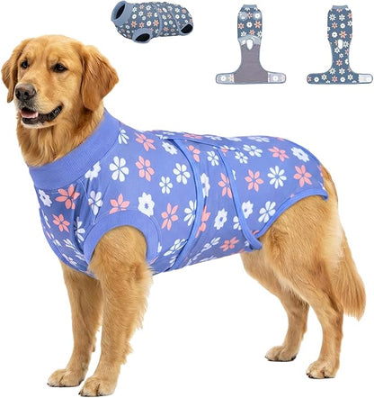 PetWarm Surgery Suit for Dogs Female, Bodysuit for Abdominal Affected Areas Sensitive Skin Areas, Dog Abdominal Affected Areas Bandages Substitute E-Collar and Cone, Flower Pattern, Blue, XL