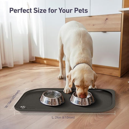 Silicone Pet Feeding Mat with Metal Ring, Waterproof, 23x15 in, Pet Feeding Mats, Raised Edges to Prevent Spills, Dogs and Cats Placement Tray to Stop Food and Water Bowl Messes (Gray, 23x15 in)