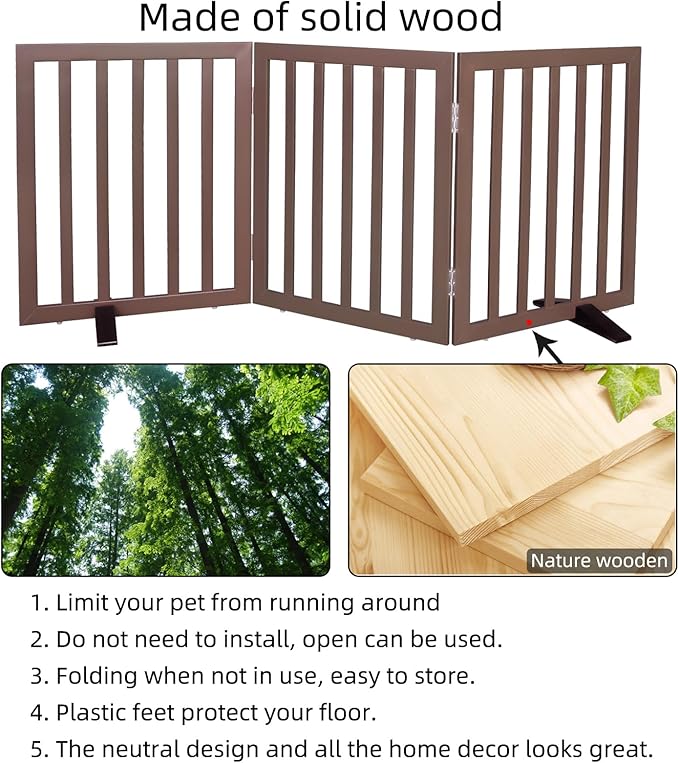 ZJSF Freestanding Indoor Dog Gate for House Foldable Wood Puppy Gate for Doorways Pet Gate for Stairs Extra Wide Pet Fence, Brown, 24" Height 3 Panels