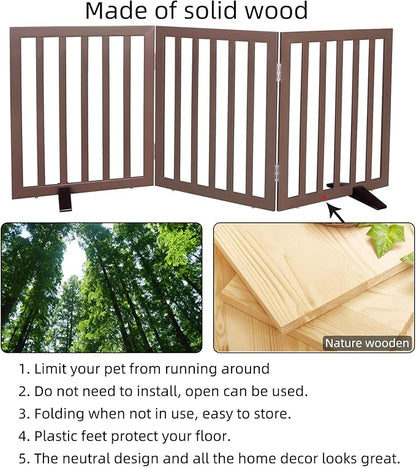 ZJSF Freestanding Indoor Dog Gate for House Foldable Wood Puppy Gate for Doorways Pet Gate for Stairs Extra Wide Pet Fence, Brown, 24" Height 3 Panels