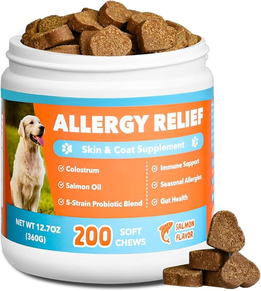 Dog Allergy Chews 200ct- Probiotics for Dogs with 5 Gut Digestive Enzymes,Colostrum- Dog Allergy Itch Relief for Hot Spots Ears Paw Licking, Skin & Coat Seasonal Allergies lmmune Support