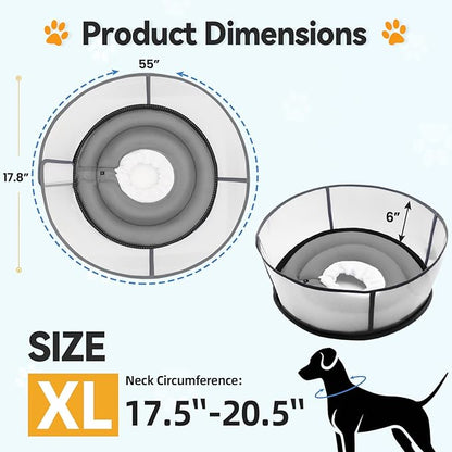 Upgraded Inflatable Dog Cone After Surgery, Adjustable Soft Dual-Ring Dog Cone Collar with Detachable Anti-Licking Shield (XL, Grey)