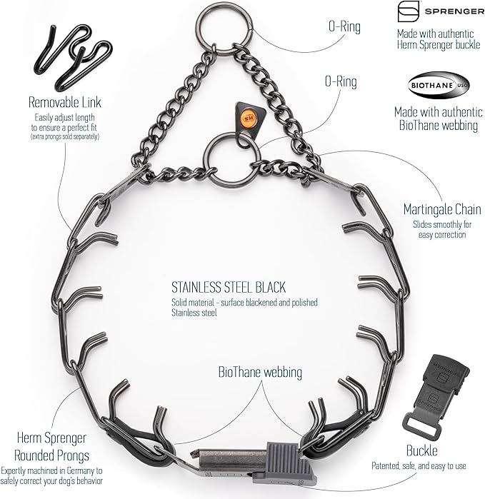 Herm Sprenger Black Stainless Steel Dog Collar with Quick Release ClicLock Buckle O-Ring Biothane Insert Training Collar Made in Germany (Black, 16in x 2.25mm(Neck Size up to 13-14in))