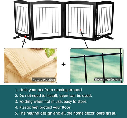 ZJSF Freestanding Dog Fence Indoor, Foldable Dog Gate for Doorways, Stairs or Hallways, Sturdy Wood Extra Wide Pet Gate with Support Feet for The House, Black, 24 "Height-4 Panels