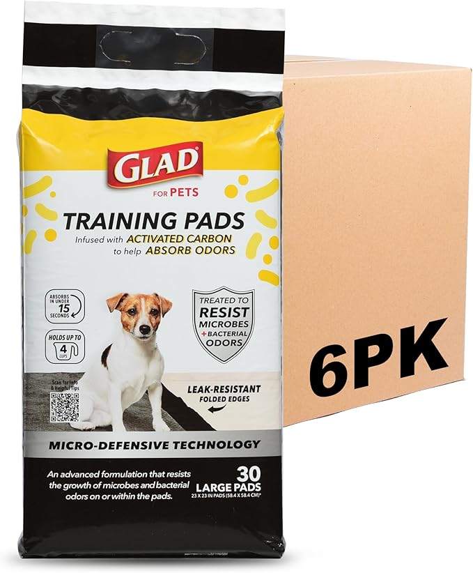 Glad for Pets Activated Carbon Dog Training Pads with Anti-Microbial Technology, Odor Eliminator Pee Mats for Dogs, 6-Layer Leak-Proof Heavy Duty Indoor Puppy Potty Pads, 23 x 23 Inches, 30 Ct - 6 Pk