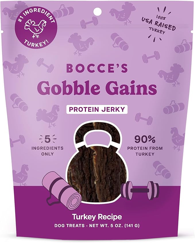 Bocce's Bakery Gobble Gains Turkey Jerky Protein Cuts Dog Treats – Natural & High-Protein, Wheat-Free, Made with Limited and Real Ingredients – Baked in The USA with No Added Salt or Sugar, 5oz