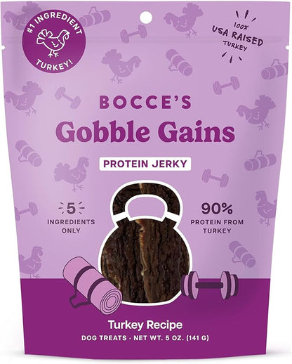 Bocce's Bakery Gobble Gains Turkey Jerky Protein Cuts Dog Treats – Natural & High-Protein, Wheat-Free, Made with Limited and Real Ingredients – Baked in The USA with No Added Salt or Sugar, 5oz