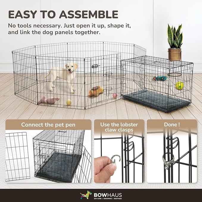 BOWHAUS Foldable Outdoor/Indoor Pet Playpen with Gate, Available in 36 Inch Height Metal Portable Kennel, Heavy-Duty Exercise Fence Cage 8 Panels for Large Dog, Animals