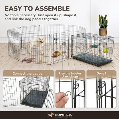 BOWHAUS Foldable Outdoor/Indoor Pet Playpen with Gate, Available in 36 Inch Height Metal Portable Kennel, Heavy-Duty Exercise Fence Cage 8 Panels for Large Dog, Animals