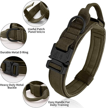 Tactical Dog Collar - Military Dog Collar, Adjustable Heavy Duty Metal Buckle Nylon Collar with Control Handle for Small Medium Large Dogs (Green, M)