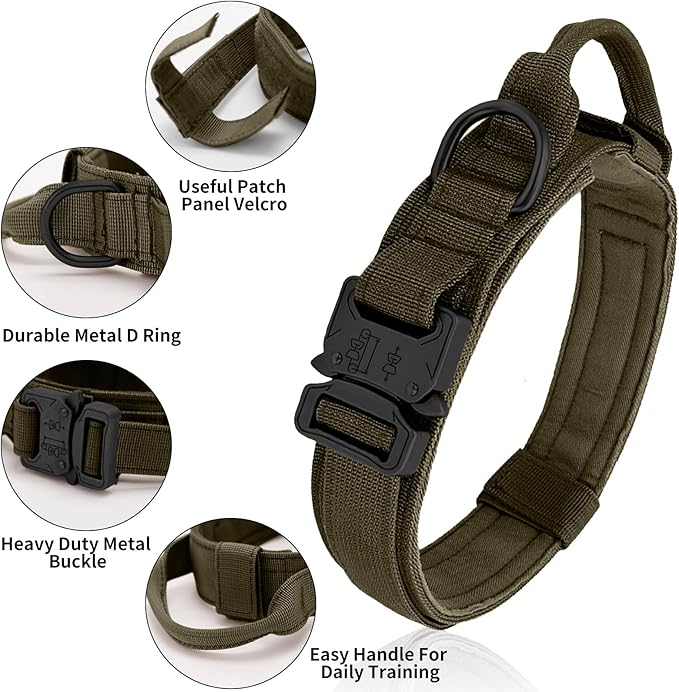 Tactical Military Dog Collar - Adjustable Heavy Duty Metal Buckle Nylon Collar with Control Handle for Small to Large Dogs (Green, L)