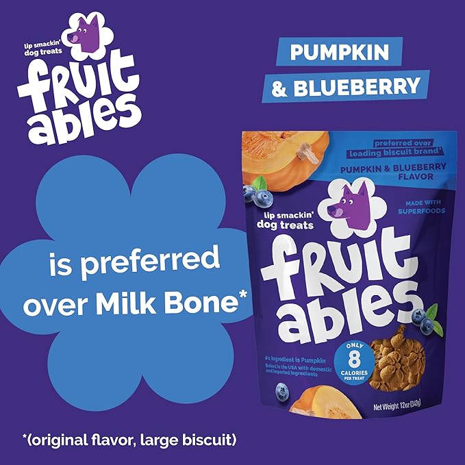 Fruitables Baked Dog Treats, Pumpkin Snacks for Dogs, Low Calorie & Delicious, No Wheat, Corn or Soy, Healthy Puppy Training Treats, Made in The USA, Pumpkin and Blueberry Flavor, 20oz