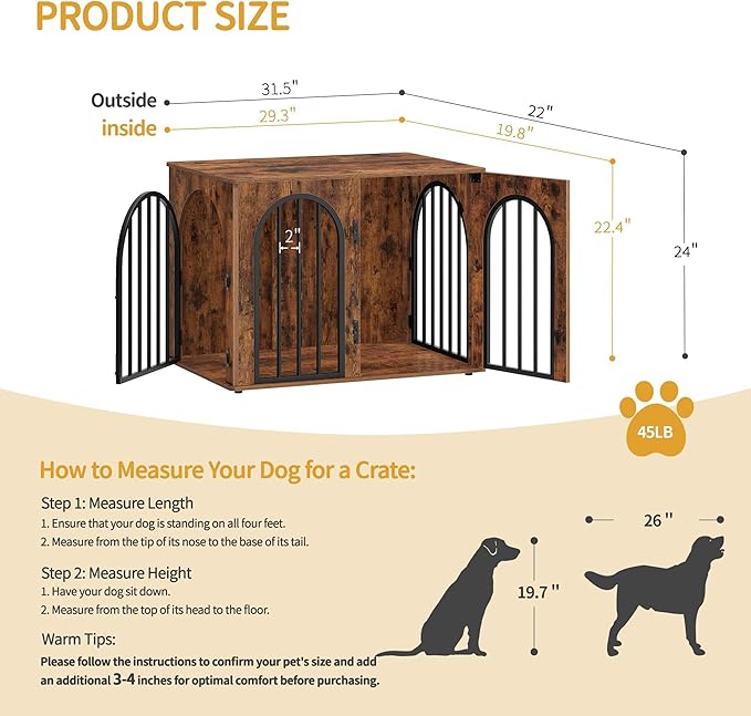 Hzuaneri 31.5'' Wooden Dog Crate Furniture, Indoor Dog Kennel Dogs Cage for Small/Medium Dogs, Heavy Duty Dog Crates Decorative Pet House End Side Table TV Stand, Rustic Brown DFC85101B