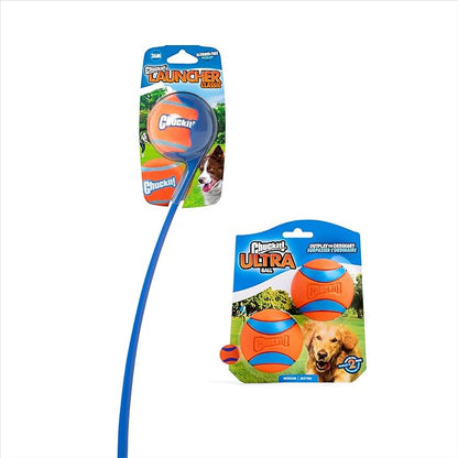 Chuckit! Ultra Dog Ball & Launcher Bundle Classic 26M 26" Length with 2 Pack Medium (2.5") Bouncy Fetch Balls for Dogs 20-60 lbs, Dog Fetch Ball Thrower