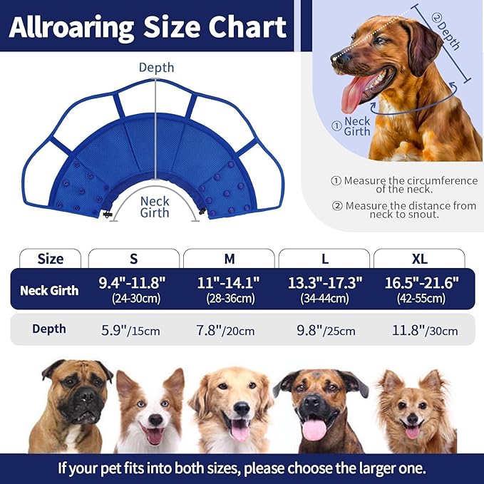 Allroaring Dog Cone Alternative, Soft Dog Cones for Large Dogs, Adjustable Doggie Recovery Cone Collar Comfy Pet Elizabethan Collars to Stop Licking for Wound Healing Care Spay Neuter, Blue L