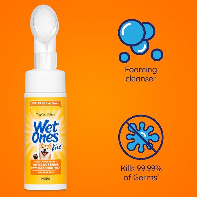 Wet Ones for Pets Antibacterial Dog Paw Cleaner with Built-in Scrubber Brush, Tropical Splash Scent - Foaming Cleanser for Dog Paws - Paw Washer & Grooming Care, 5 Ounce