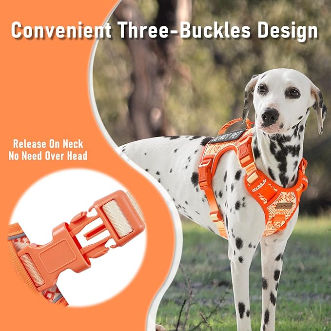 Small Dog No Pull Dog Harness, Pet Harness with Reflective Strip Soft Padded Handle, Adjustable Vest Harness for Walking Hiking Training, Geometric Pattern, Beagle, Orange Ethnic, S