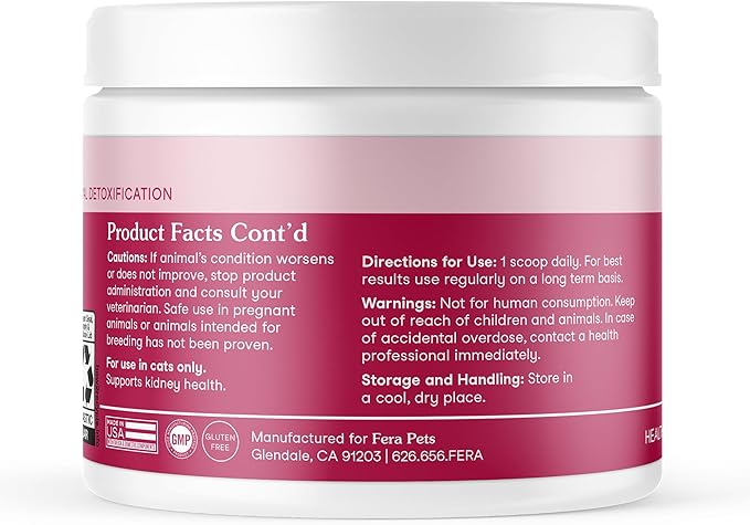 Fera Pets Cat Kidney Support Powder with Antioxidants & Probiotics - Enhances Renal Health & Function - Promotes Regular Detoxification - 60 Scoops