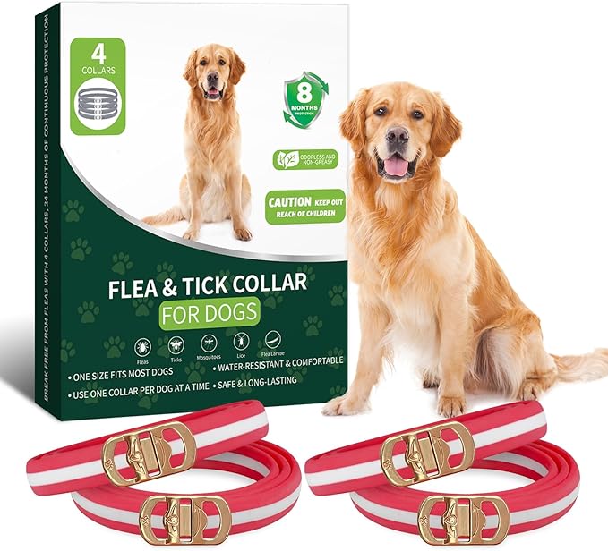 4 Pack Flea and Tick Collar for Dogs- 32 Months Fleas and Ticks Treatment - Water Resistant Dog Flea Collars for Puppy Small Medium Large Dog- Red & White