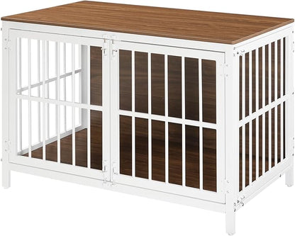HOOBRO Heavy Duty Dog Crate Furniture, 39.4" Wooden Indoor Kennel with 3 Doors, Chew Resistant Metal Cage for Medium and Large Breeds, Dog Crate Side Table, White and Walnut WH101GW03