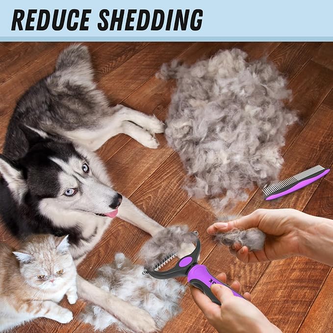Docrok Pet Grooming Brush and Metal Comb Combo - Undercoat Rake for Dematting and Deshedding Long Matted Haired Dogs and Cats, Purple