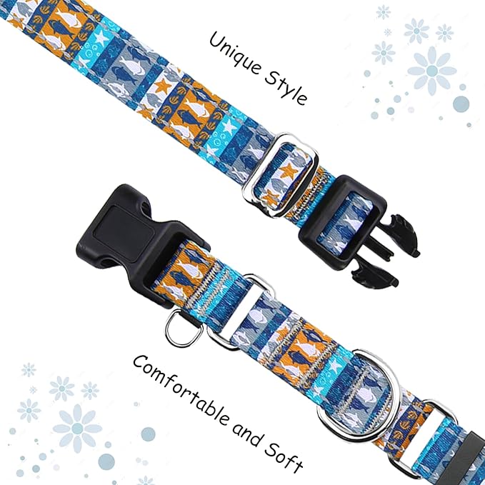 Reflective Martingale Collar with Buckle Shark Starfish Ethnic Stripe Adjustable Designer Dog Collars (Underwater World, Medium)