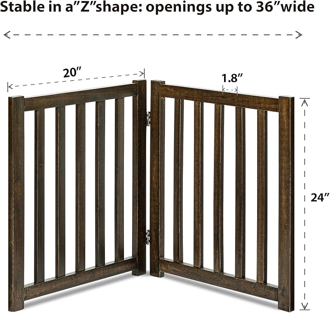 LZRS 2-Panel Wooden Free Standing Foldable Dog Gate Indoor – Solid Hardwood 24" High, Step-Over Safety Pet Gate for Doorways, Stairs & Small Spaces - Indoor Use, Walnut