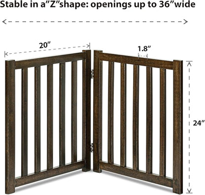 LZRS 2-Panel Wooden Free Standing Foldable Dog Gate Indoor – Solid Hardwood 24" High, Step-Over Safety Pet Gate for Doorways, Stairs & Small Spaces - Indoor Use, Walnut