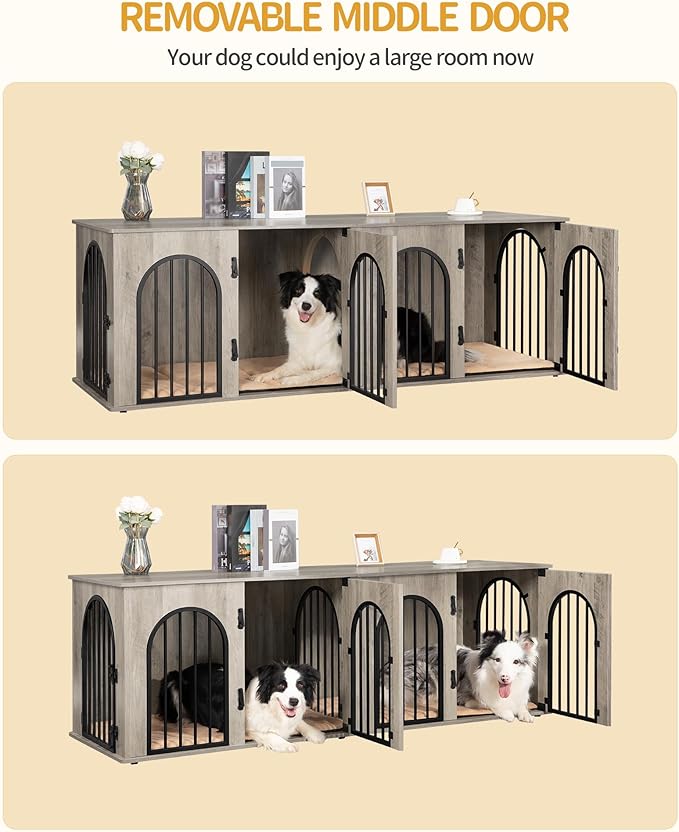 Hzuaneri 71" Dog Crate Furniture for 2 Dogs, Heavy Duty Indoor Dog Kennel TV Stand, XL Wooden Dog Cage with Divider for Medium Large Dogs, End Table Dog Crate with Cushion, Greige Black DFC81905B