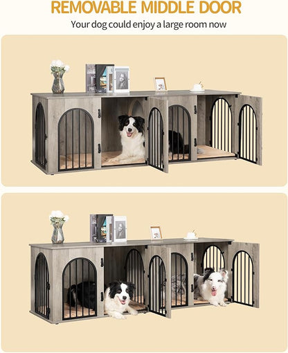Hzuaneri 71" Dog Crate Furniture for 2 Dogs, Heavy Duty Indoor Dog Kennel TV Stand, XL Wooden Dog Cage with Divider for Medium Large Dogs, End Table Dog Crate with Cushion, Greige Black DFC81905B