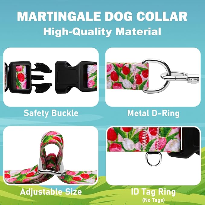 Martingale Collar for Dogs with Buckle Floral No Pull Adjustable Nylon Limited Slip Training Dog Collars Pink Tulip, Large