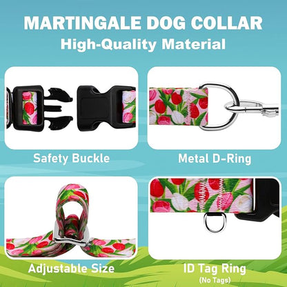 Martingale Collar for Dogs with Buckle Floral No Pull Adjustable Nylon Limited Slip Training Dog Collars Pink Tulip, Large
