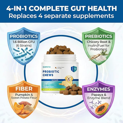 Dog Probiotics Soft Chews with 160mg Pumpkin & Papaya Enzymes – 90 Count – 4-in-1 Gut Support for Scooting Comfort, Stool Consistency & Occasional Gas – Chicken Liver Flavor