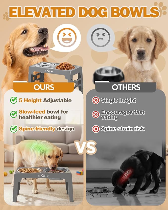 Jovrun Elevated Dog Bowls for Medium Large Size Dogs, Non-Slip Dog Feeder with 1*Stainless Steel Dishes & 1*Slow Feeder Bowl, 5 Heights Adjustable Raised Bowls to 3.15″-8.66″-9.84″-11.02″-12.2″