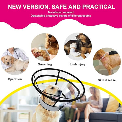 Sponge Core Dog Cat Cone Collar for After Surgery Recovery, Inflatable Dog Cone Alternative, Lainergie Dogs Donut Collar Adjustable with 2PCS Cover for Large Medium Small Dogs Cats (Grey+Pink, XL)