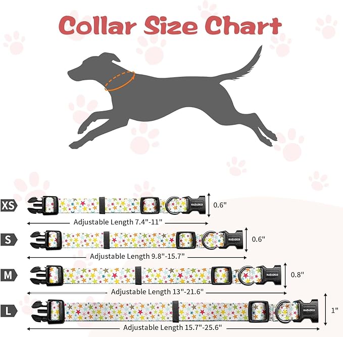 Kazazoo Dog Collar Cute and Soft Nylon Puppy Collar for Boy and Girl, Adjustable Dog Collars for Small Medium Dogs, Colorful Stars-XS