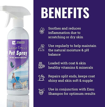Kenic Emu Oil Spray for Dogs & Cats - Itchy Skin Relief for Dry, Irritated Coats & Hot Spots - Leave-in Conditioning Formula Soothes and Moisturizes for Comfort and Shine, Made in USA