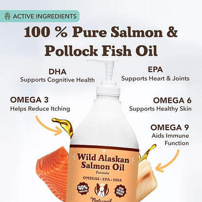 Natural Dog Company Wild Alaskan Salmon Oil Formula with Omega 3, Fish Oil for Dogs Supplement, Skin & Coat Dog Oil, Itchy Relief, Immune Support for Joints & Heart, Food Topper, 64 oz