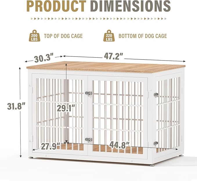 rehomerance 48 Inch Heavy Duty Dog Crate Furniture for Large Dogs, Decorative Pet House End Table, Extra Large Wooden Cage Kennel Furniture Indoor, Natural and White