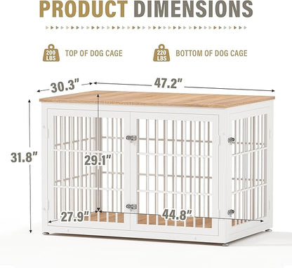 rehomerance 48 Inch Heavy Duty Dog Crate Furniture for Large Dogs, Decorative Pet House End Table, Extra Large Wooden Cage Kennel Furniture Indoor, Natural and White