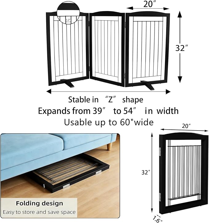 ZJSF Freestanding Dog Fence Indoor, Foldable Dog Gate for Doorways, Stairs or Hallways, Sturdy Wood Extra Wide Pet Gate with Support Feet for The House, Black, 32 "Height-3 Panels