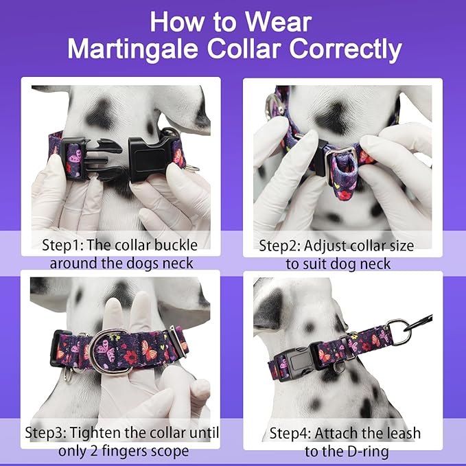 Martingale Collar with Buckle Purple Nylon Adjustable Cute Girl Female Dog Collars (Butterfly Floral, Medium)
