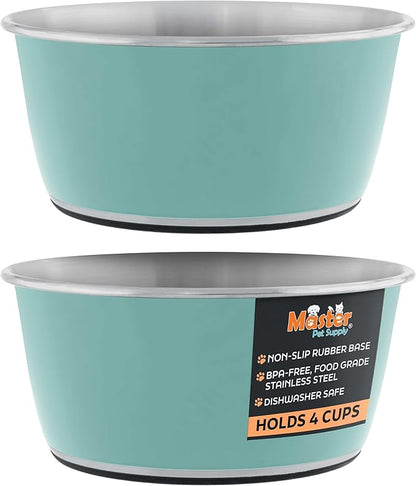 Master Pet Supply Stainless Steel Dog Bowls Set of 2 (32 Oz Each) with Non-Slip Rubber Base - Aqua Sky - Basic Dog Food Bowl Water & Food Bowls for Small Medium Large Dogs & Cats, Metal Dish