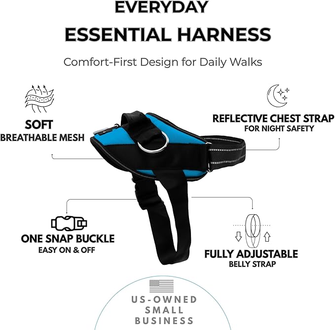 ShawnCo Essential Dog Harness, No-Pull Pet Vest with 3 Leash Clips, No Choke, Reflective, Adjustable and Padded, for Easy Walking and Training for Small, Medium and Large Dogs (Oceanic Blue, L)