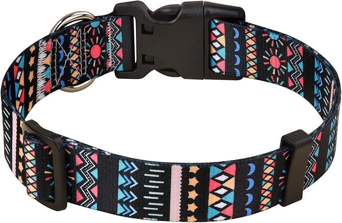 Mihqy Dog Collar with Bohemia Floral Tribal Geometric Patterns - Soft Ethnic Style Collar Adjustable for Small Medium Large Dogs(Black Bohemia,M)