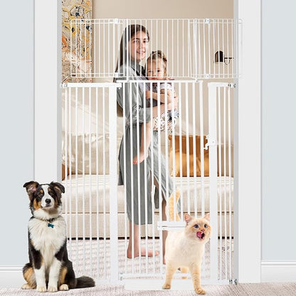 SHYUJAJIE 71 Inch Extra Tall Pet Gate with Small Cat Door, 29.55"-46.06" Adjustable Wide Dog Gate, Tall Cats Gates for Doorway, Stairs, House(White)