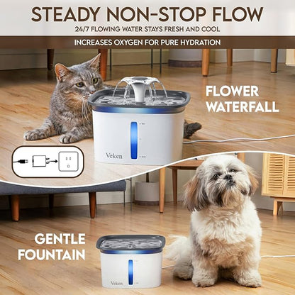 Veken Innovation Award Winner 95oz/2.8L Pet Fountain, Automatic Cat Water Fountain Dog Water Dispenser with 6 Replacement Filters & Silicone Mat for Cats, Dogs (Grey, Plastic)